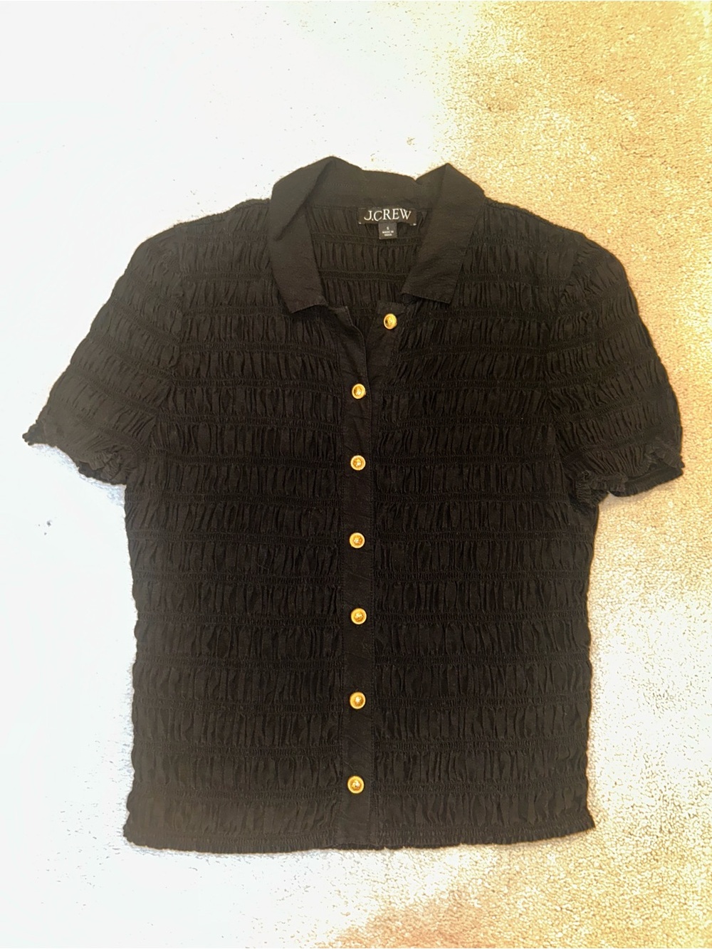 J. Crew Black Short-Sleeve Ruched Button-Down Shirt with Gold Buttons
